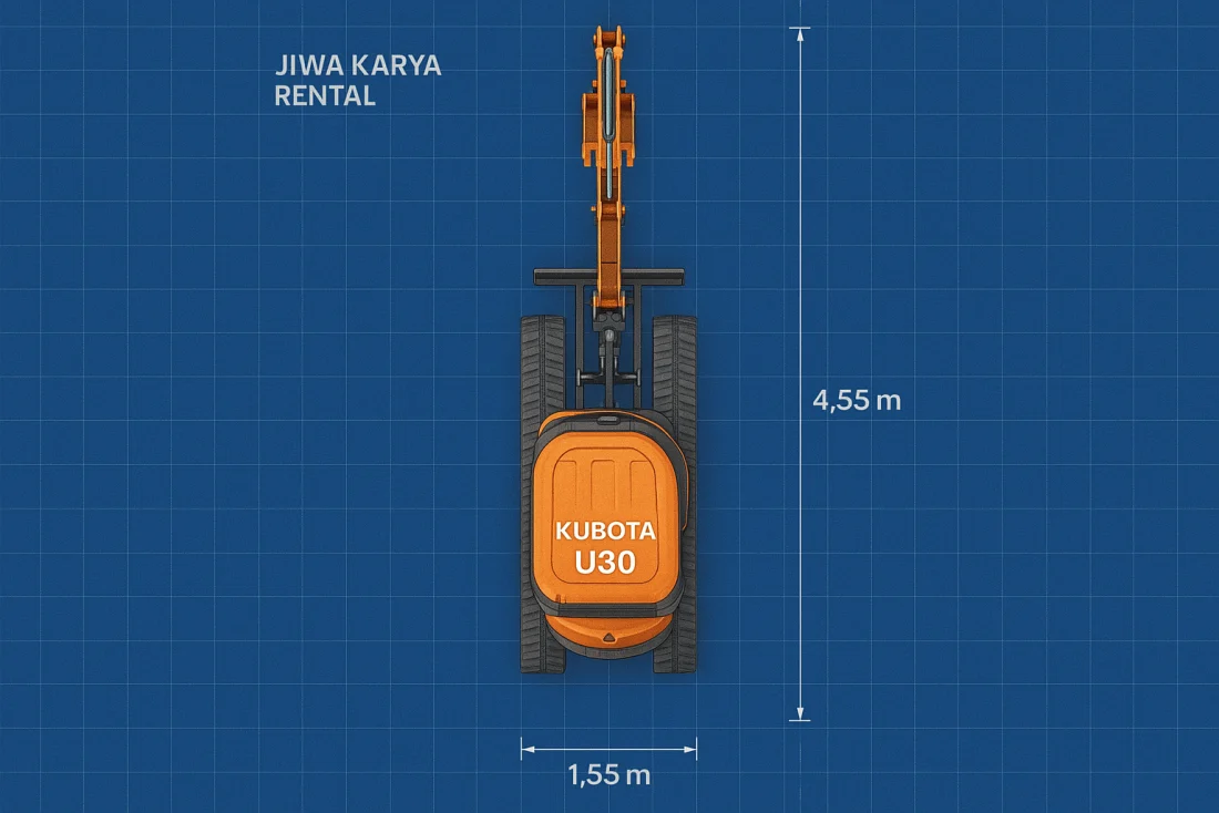 Denah tampak atas Kubota U30 — lebar 1,55m × panjang 4,55m