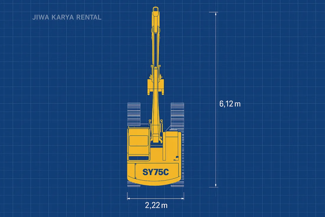 Denah tampak atas SANY SY75C — lebar 2,22m × panjang 6,12m